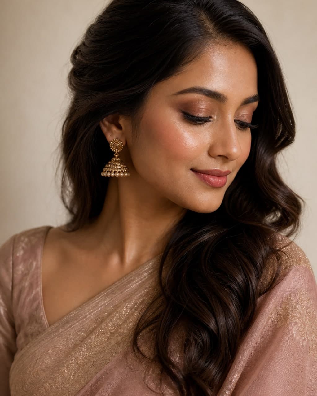 A bridal look in a blush and antique-gold saree, with a gold jhumka earring and softly waved hair