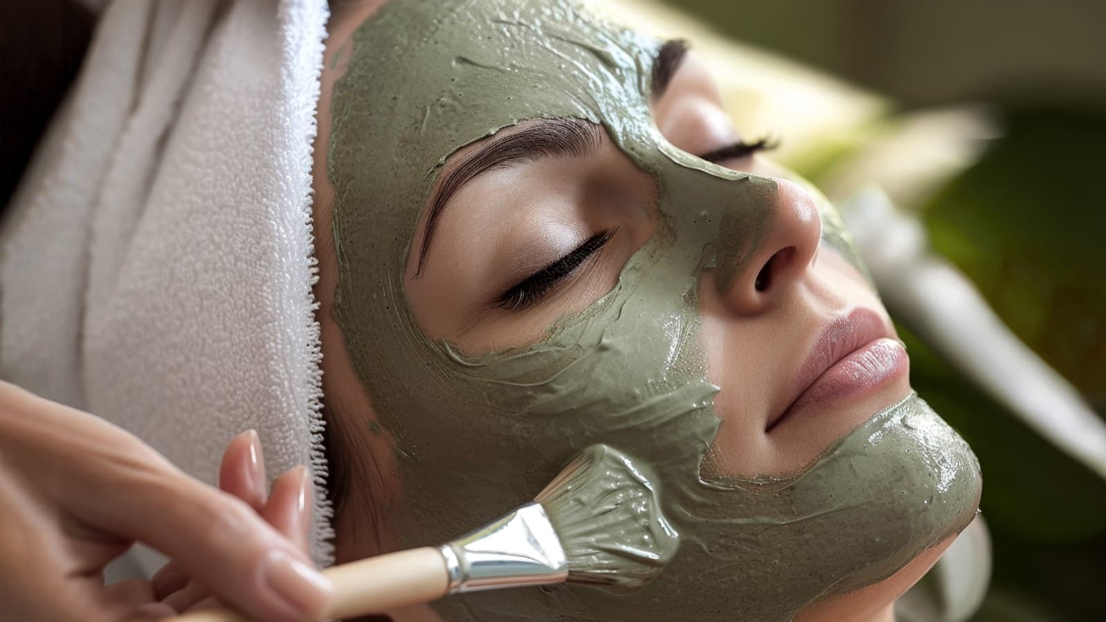 A clay mask being brushed across the face during a facial