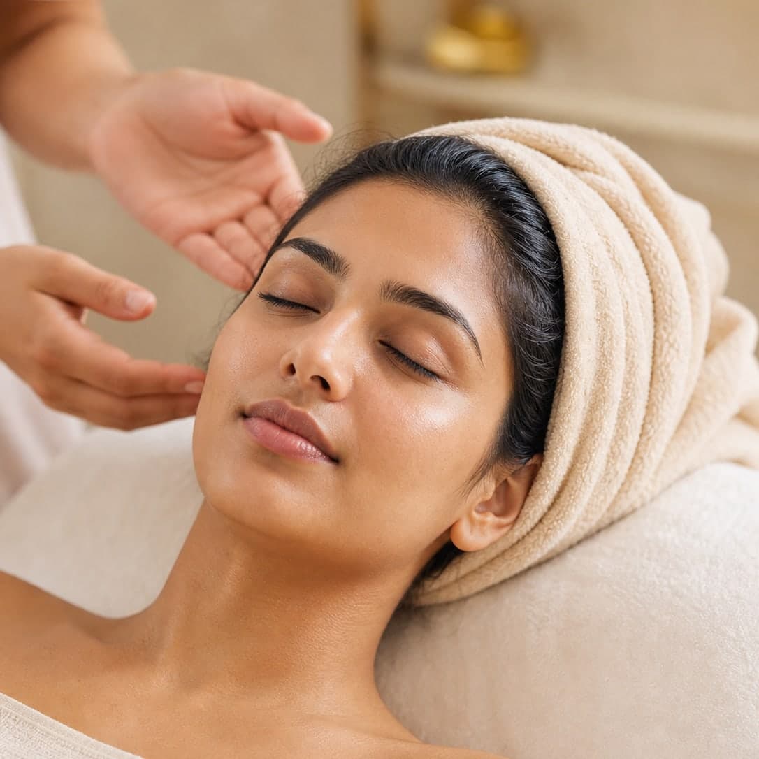 A woman resting with her eyes closed in a cream towel turban while a therapist's hands work at her temples during a facial