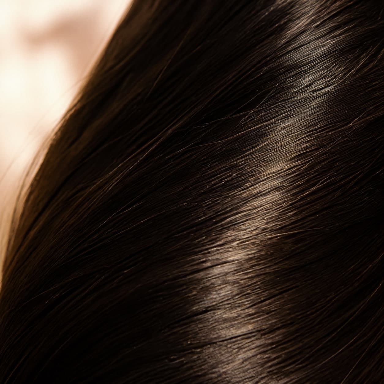 A close view of sleek, mirror-glossy dark hair