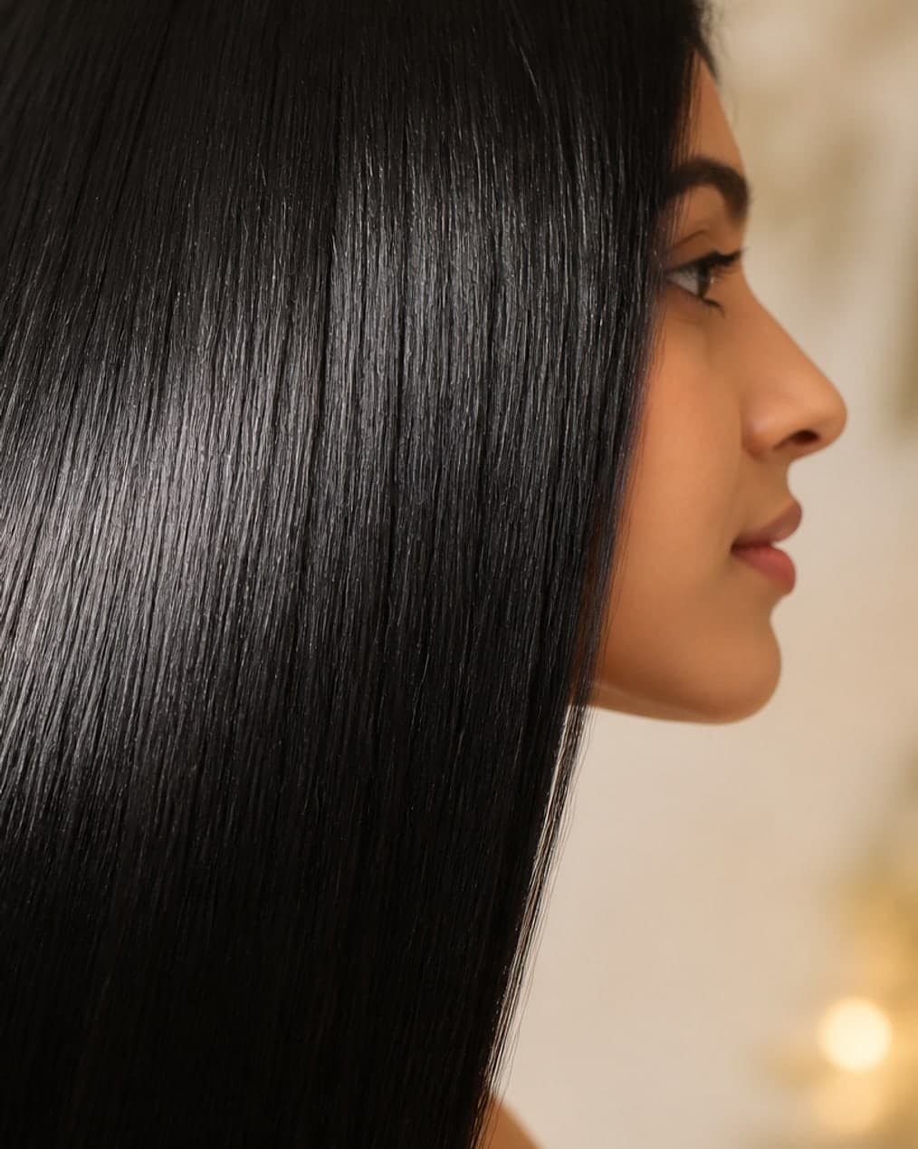 Poker-straight, mirror-glossy black hair, seen in side profile